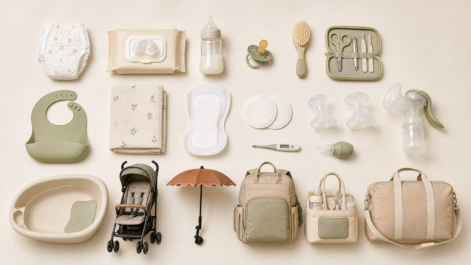 Flat lay dos 20 itens do kit Primeiro Abraço organizados sobre fundo neutro